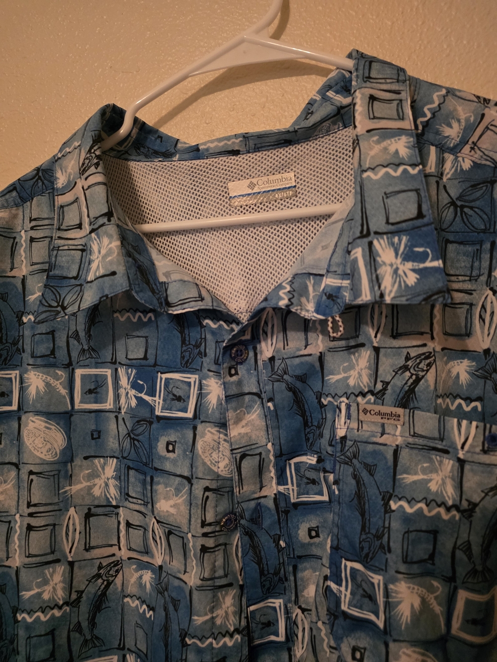 Columbia Blue and White Tropical Print Short-Sleeve Button Down